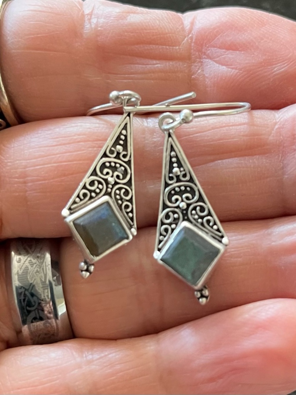 Labradorite Filigree Dangle Hook Earrings 925 Sterling Silver